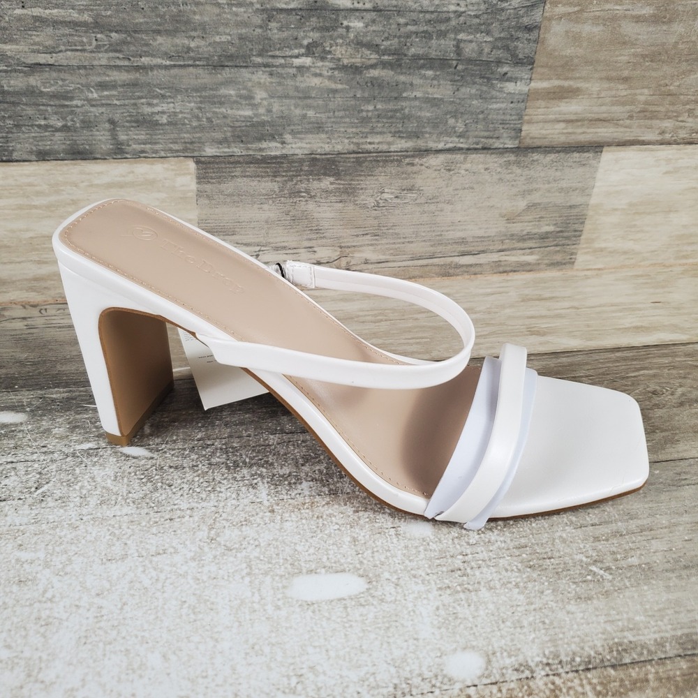 The Drop Avery Womens Sandals Sz 10 White Leather Slip On Square Toe Block Heel